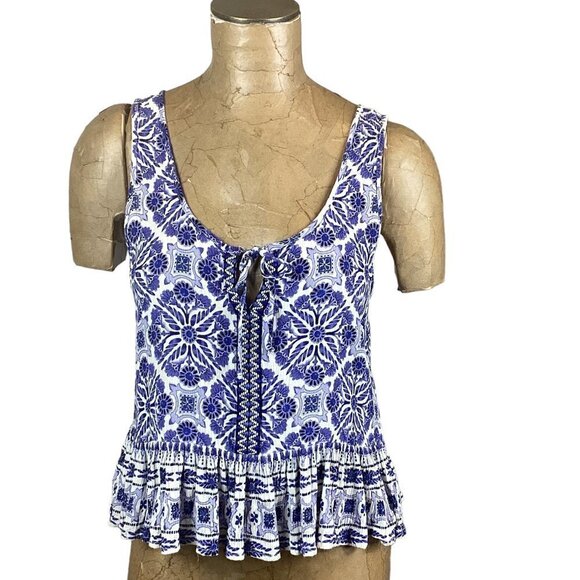 Patrons of Peace Tops - Patrons of Peace Sleeveless Ruffle Hem Embroidered Tank Top Sz S Blue White 238F